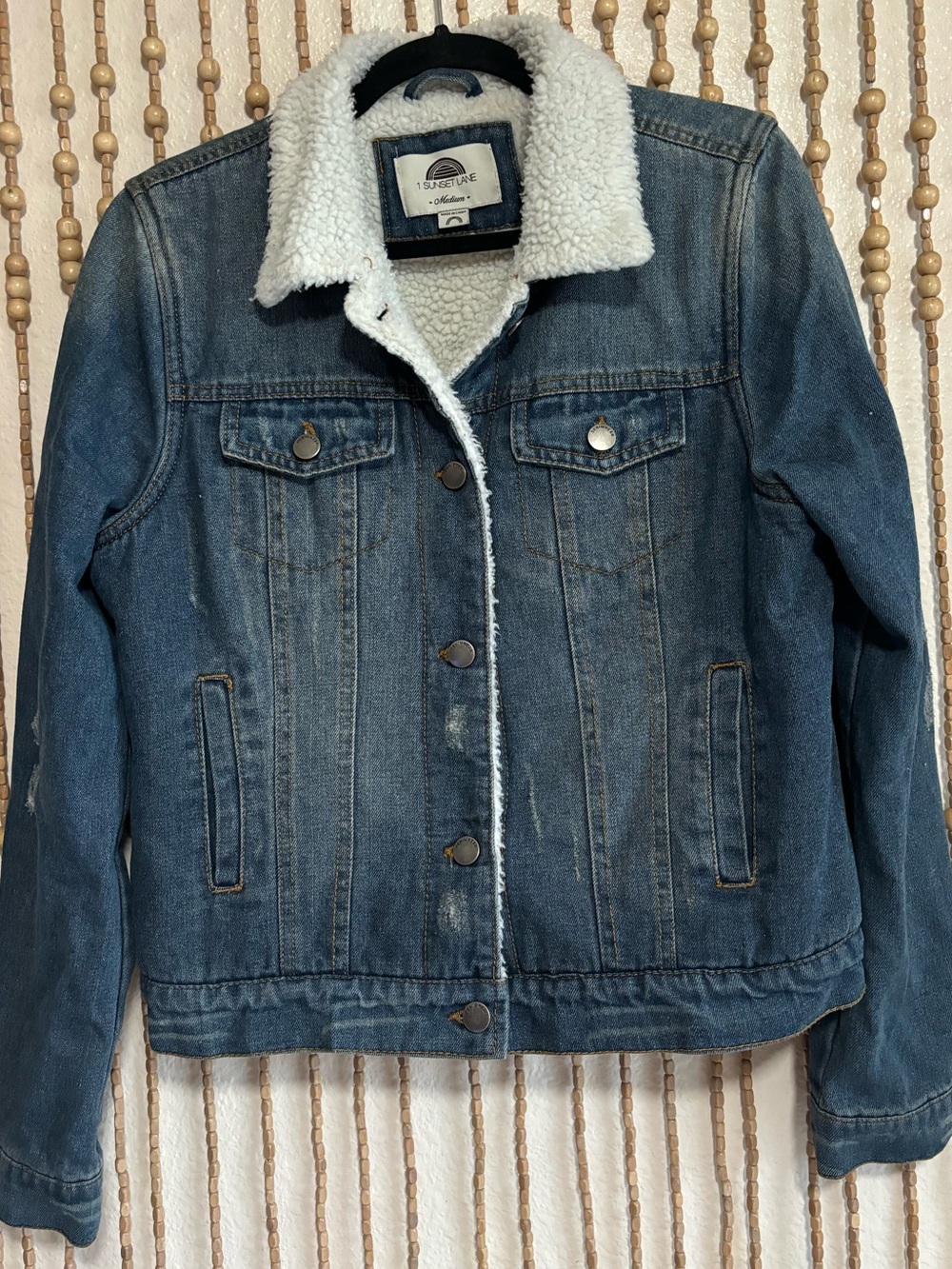 1 Sunset Lane Denim Sherpa Lined Collared Long Sleeve Medium Wash Button Down